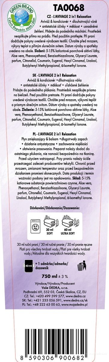 DEDRA Avivážní kondicionér, RELAXATION, L'AVIVAGE®, 750 ml