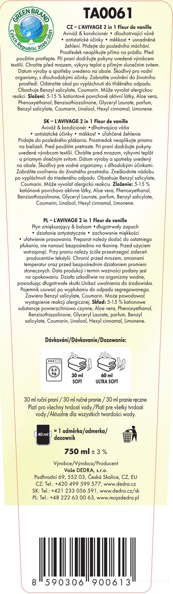 DEDRA Avivážní kondicionér, FLEUR DE VANILLE, L'AVIVAGE®, 750 ml
