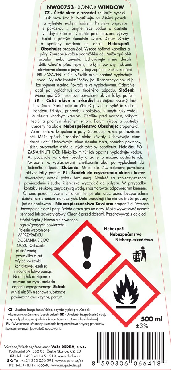 DEDRA EKO čistič na okna, skla i zrcadla XONOX ECO WIN, ZAZEN, 500 ml