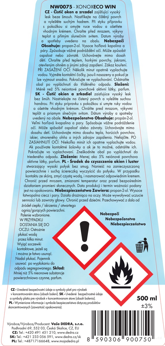 DEDRA 2 ks EKO čistič na okna XONOX ECOWIN náhradní náplně, bez rozprašovače, 500 + 500 ml