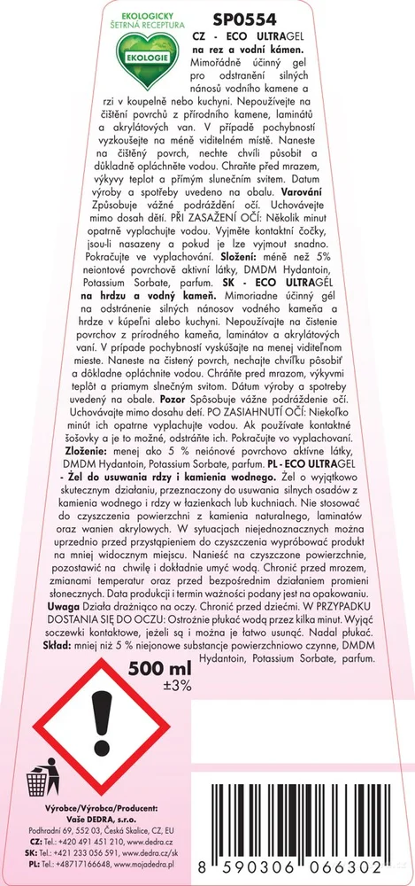 DEDRA ECO ULTRAGEL Silný čistič na rez a vodní kámen 500 ml