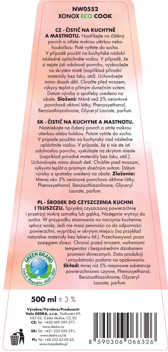 DEDRA EKO intenzivní čistič na kuchyně a mastnotu XONOX ECO COOK, 500 ml