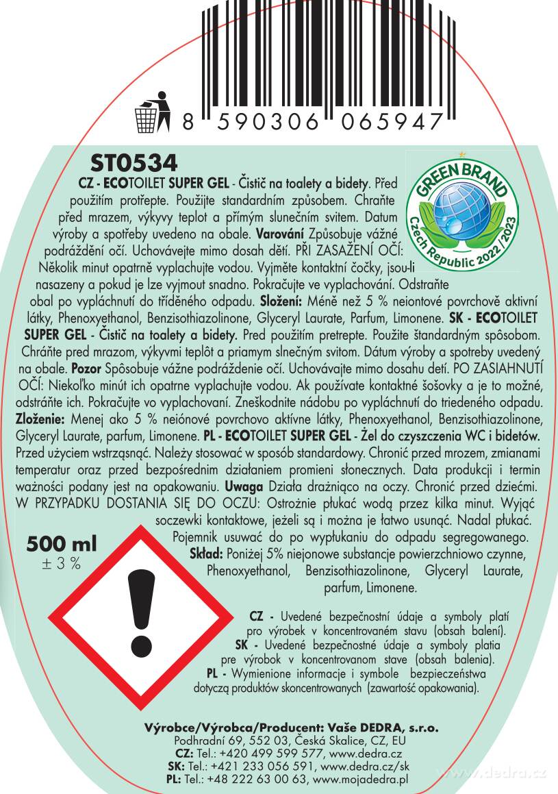 DEDRA Intenzivní EKO WC čistič  ECOTOILET SUPER GEL 500 ml eukalyptus/větrová
