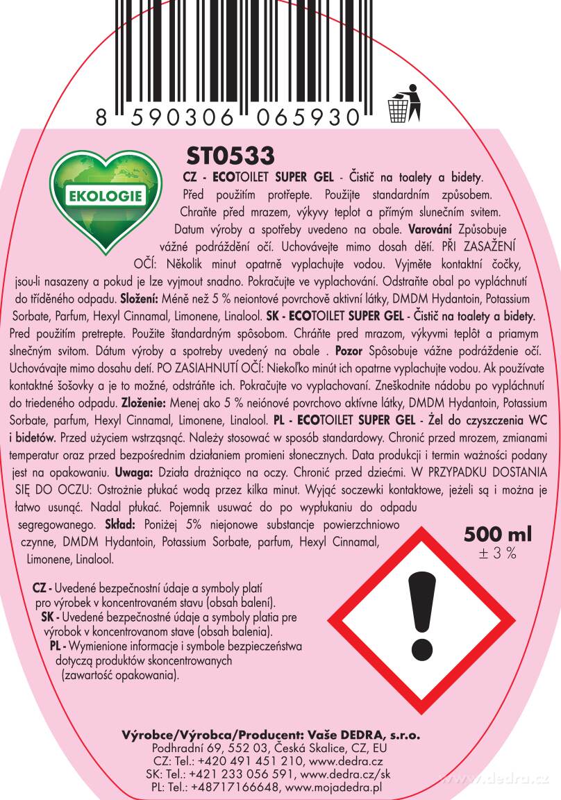 DEDRA Intenzivní EKO WC čistič  ECOTOILET SUPER GEL 500 ml alpine fresh/horská svěží