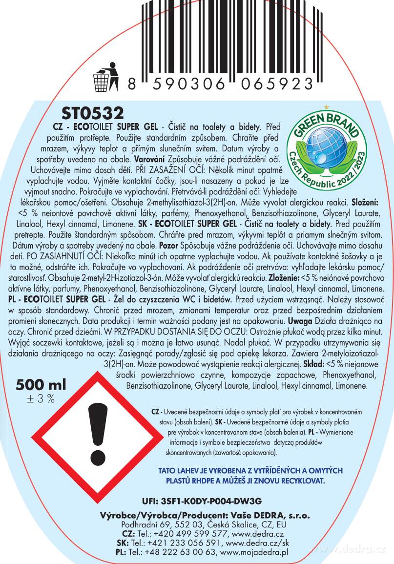 DEDRA Intenzivní EKO WC čistič  ECOTOILET SUPER GEL 500 ml ocean/chladivá mořská