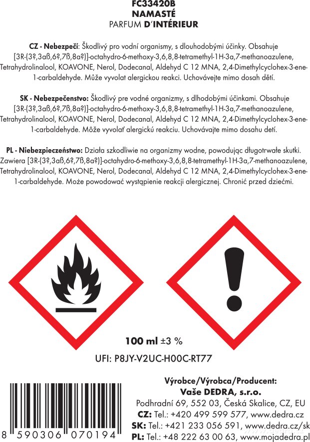 DEDRA Interiérový bytový sprej NAMASTÉ, PARFUM D'INTÉRIEUR, 100 ml