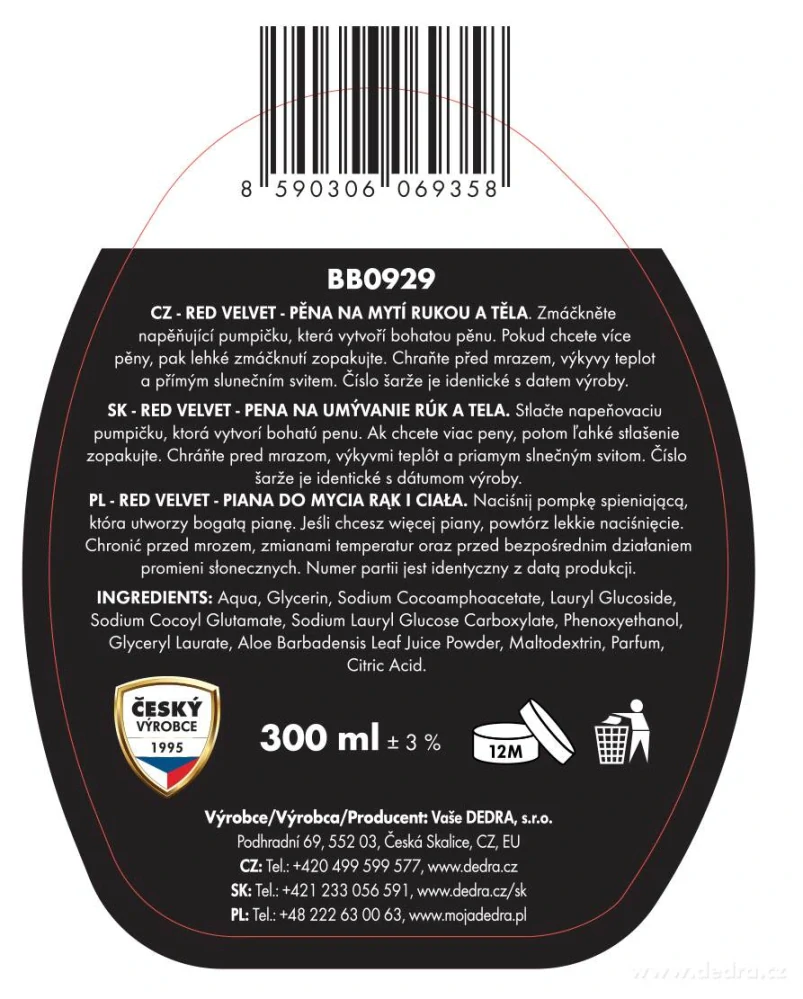 DEDRA Pěnové mýdlo na ruce i tělo RED VELVET 300 ml