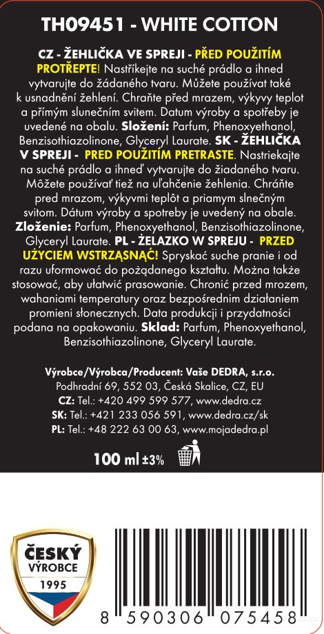 DEDRA ECO žehlička ve spreji® WHITE COTTON 100 ml
