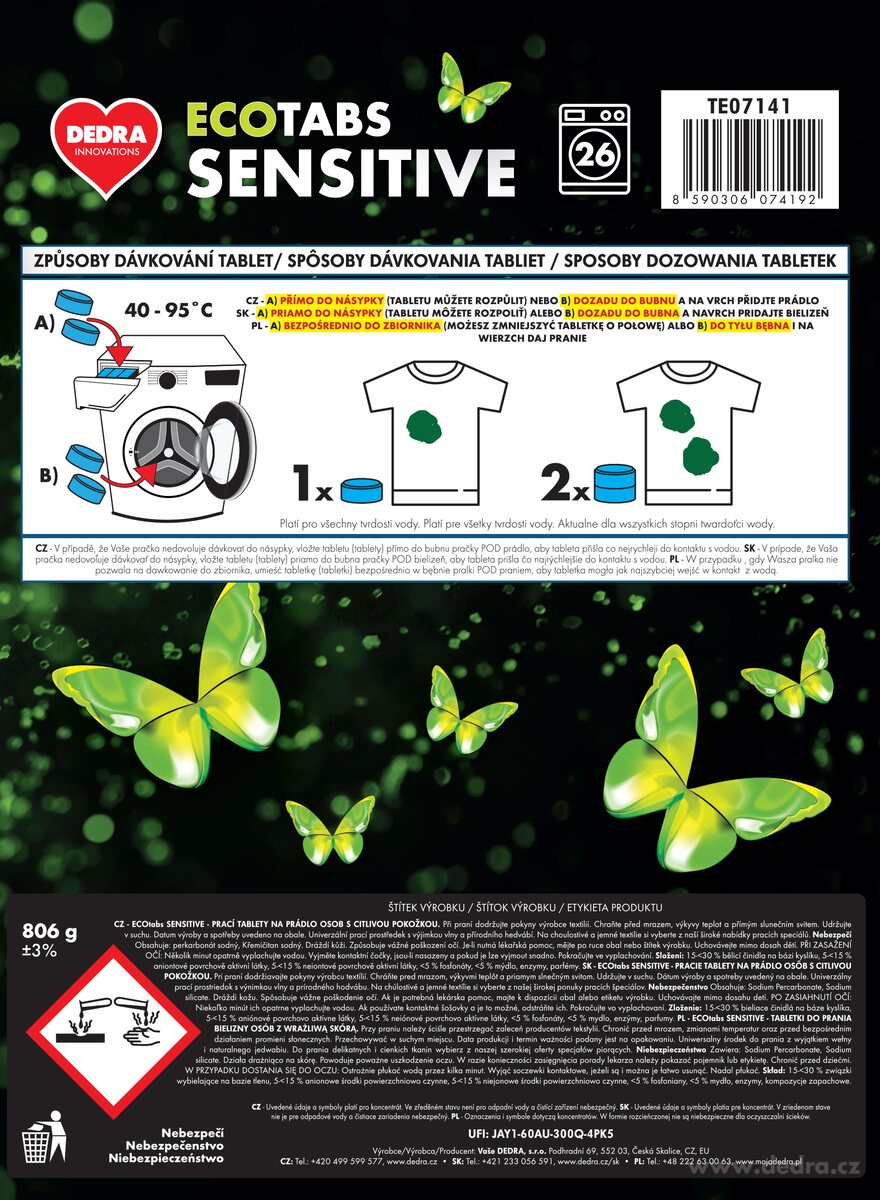 DEDRA EKO TABLETY pro citlivou pokožku, na praní ECOTABS SENSITIVE, 26 tablet