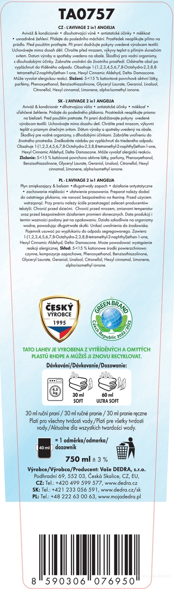 DEDRA Avivážní kondicionér,  ANGELIA , L'AVIVAGE®, 750 ml