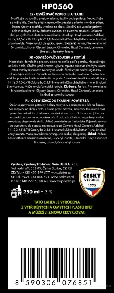 DEDRA Osvěžovač vzduchu a textilií MAGNOLIA WOOD, 250 ml