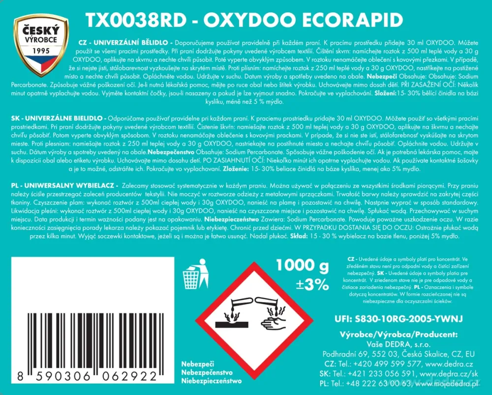 OXYDOO ECORAPID Univerzální bělidlo na bázi aktivního kyslíku 1000 g+ DÓZA ZDARMA