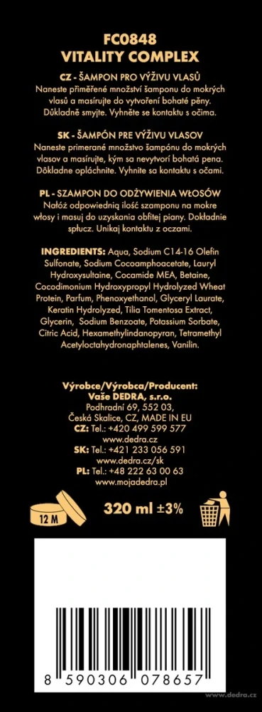 DEDRA Sada 1+1 šampón a kondicionér pro každodenní použití a dokonalou výživu vlasů, VITALITY COMPLEX, 320 + 250 ml