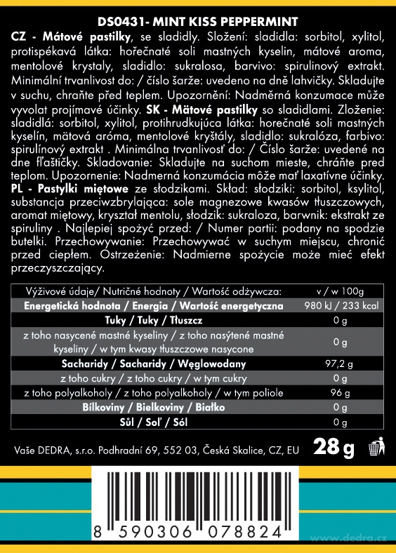 DEDRA Mátové osvěžující pastilky bez cukru MINT KISS, peppermint, 28 g