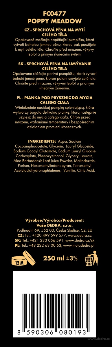 DEDRA sprchová pěna na mytí těla POPPY MEADOW 250 ml