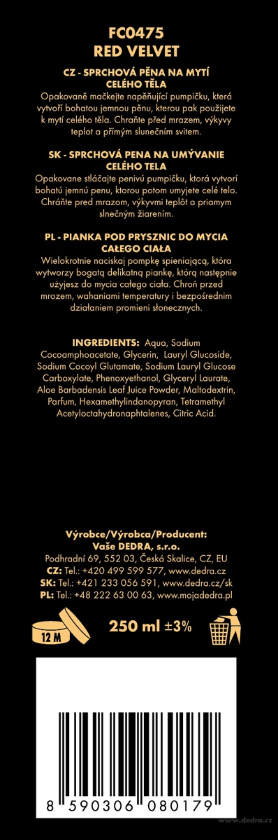 DEDRA sprchová pěna na mytí těla RED VELVET 250 ml