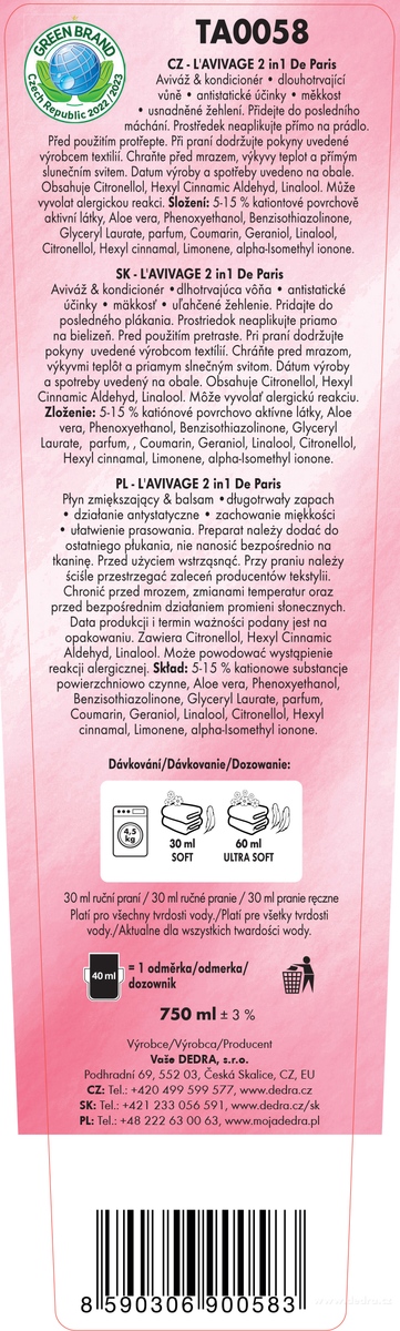 DEDRA Avivážní kondicionér, DE PARIS,  L'AVIVAGE®, 750 ml