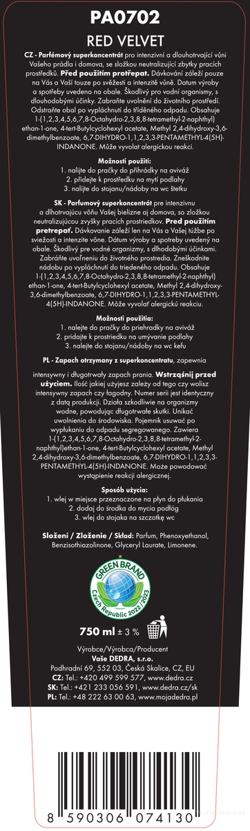 DEDRA parfém na praní PARFUMAGE RED VELVET 750 ml