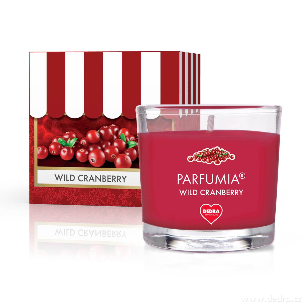 Votivní sójová vonná EKO svíce PARFUMIA®, šťavnatá brusinka WILD CRANBERRY, 55 ml