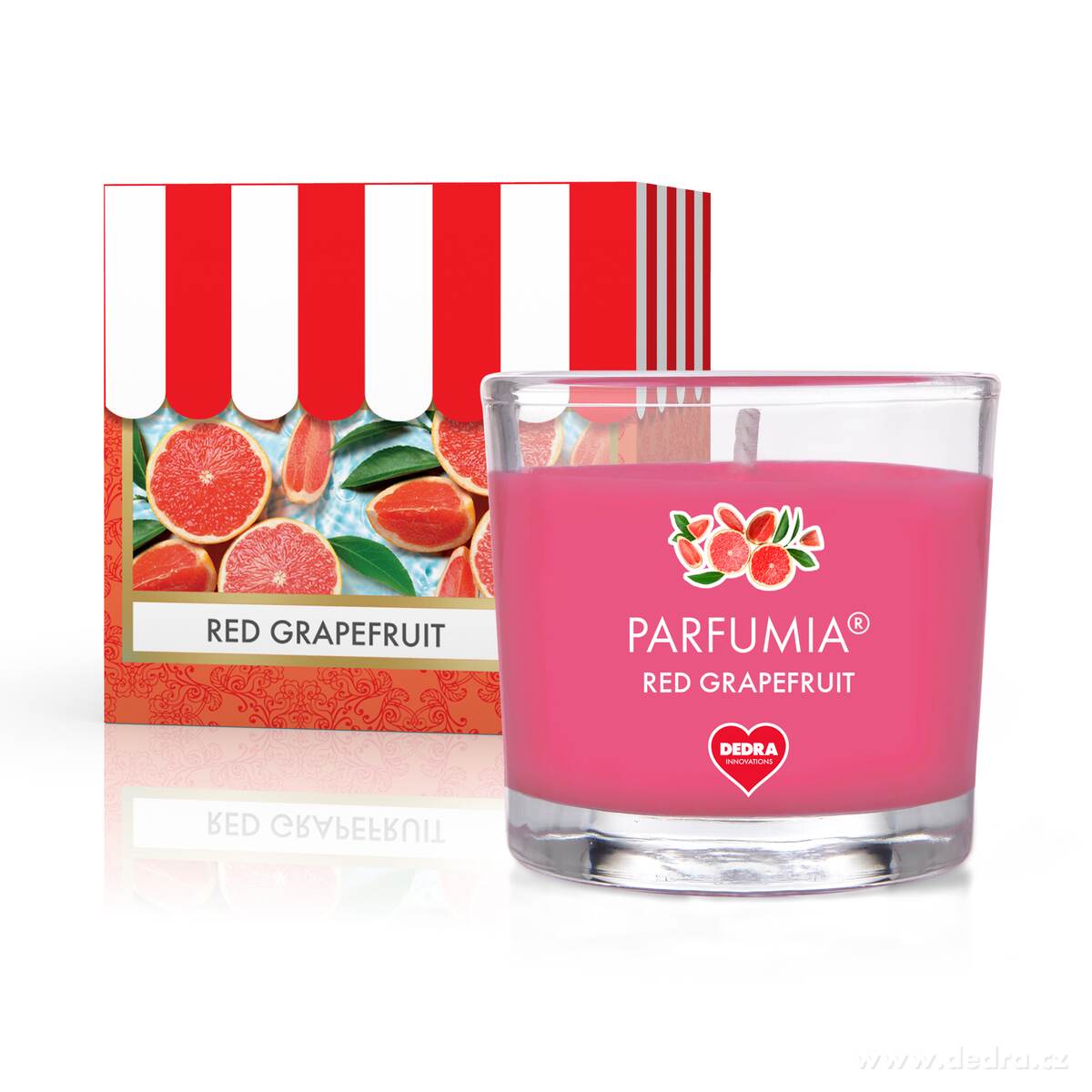 Votivní sójová vonná EKO svíce PARFUMIA®, šťavnatá vůně grepu RED GRAPEFRUIT, 55 ml