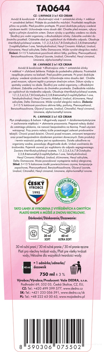 Dedra Avivážní kondicionér, ICE CREAM, L'AVIVAGE®, 750 ml