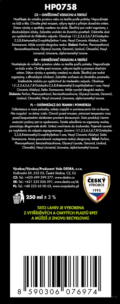 DEDRA Osvěžovač vzduchu a textilií ANGELIA, 250 ml