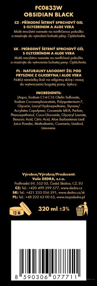 DEDRA Přírodní sprchový gel s glycerinem a Aloe vera, OBSIDIAN BLACK, 320 ml
