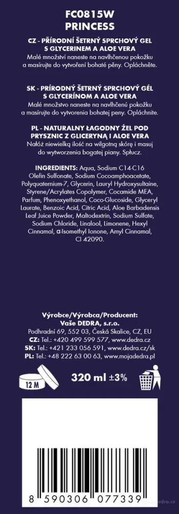 DEDRA Přírodní sprchový gel s glycerinem a Aloe vera, PRINCESS, 320 ml