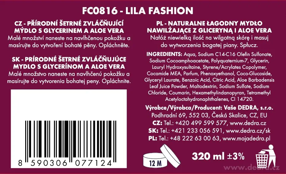 DEDRA Šetrné tekuté mýdlo s glycerinem & Aloe vera, LILA FASHION, 320 ml