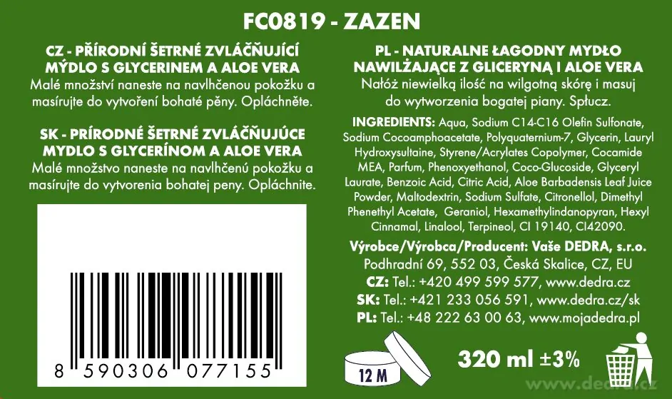 DEDRA Přírodní zvláčňující mýdlo s glycerinem a Aloe vera, ZAZEN, 320 ml