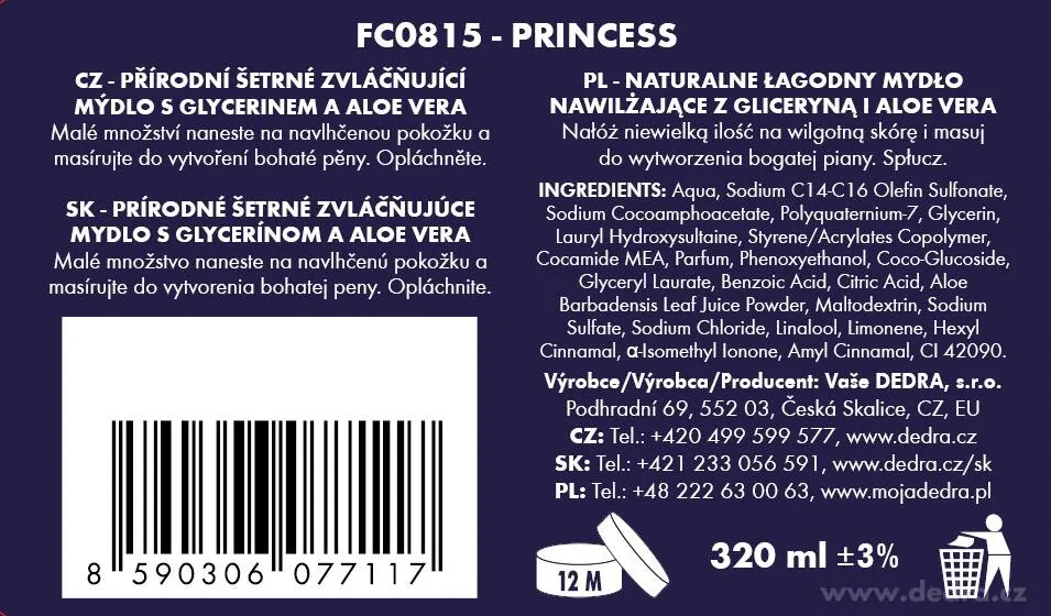 DEDRA Šetrné tekuté mýdlo s glycerinem & Aloe vera, PRINCESS, 320 ml