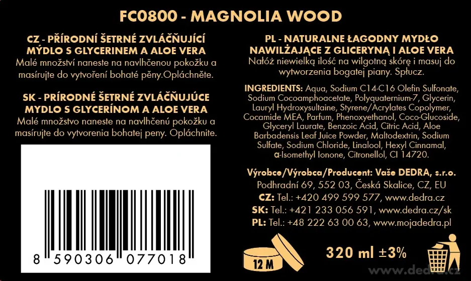DEDRA Přírodní zvláčňující mýdlo s glycerinem a Aloe vera, MAGNOLIA WOOD, 320 ml