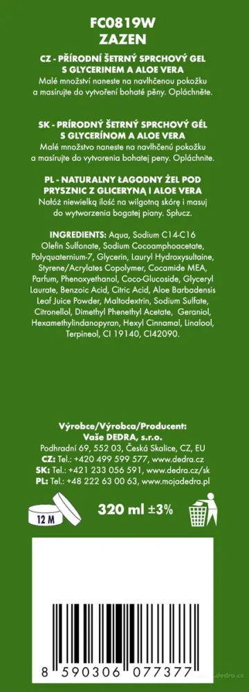DEDRA Přírodní sprchový gel s glycerinem a Aloe vera, FLEUR DE VANILLE, 320 ml