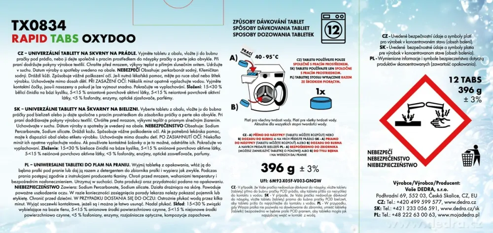 Univerzální tablety na skvrny na prádle, RAPID TABS OXYDOO, 12 tablet