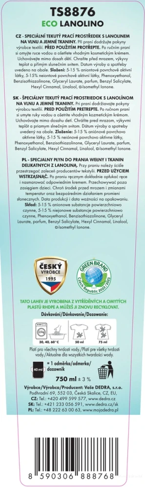 DEDRA ECO LANOLINO prací gel s lanolinem na ovčí vlnu, merino a jemné prádlo 750 ml