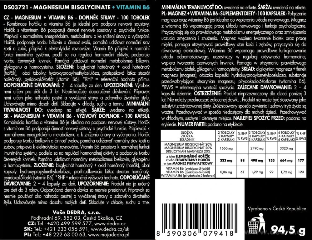 DEDRA MAGNESIUM BISGLYCINÁT + vitamín B6 100 kapslí
