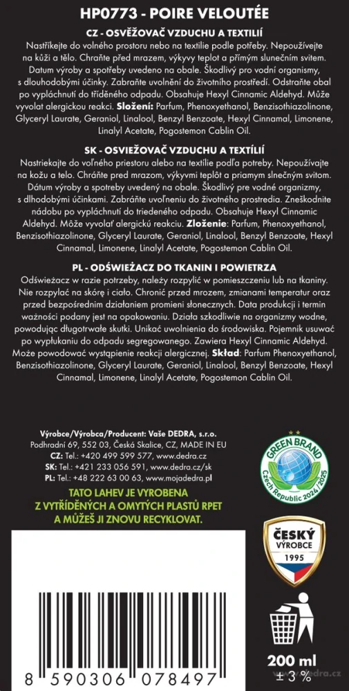 DEDRA Osvěžovač vzduchu a textilií SAMETOVÁ HRUŠKA, 200 ml