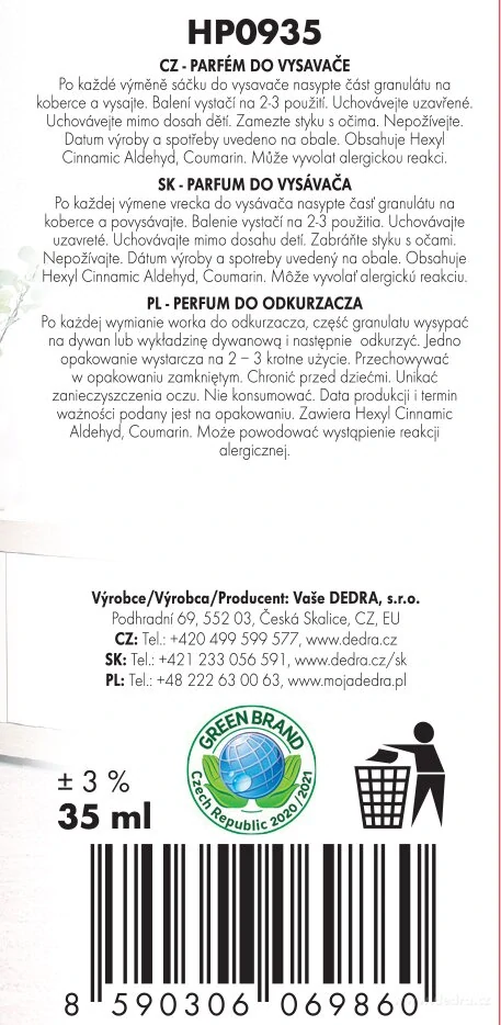 DEDRA Parfém do vysavače, coconut, GOBELINO PARFUM granules , 35 ml