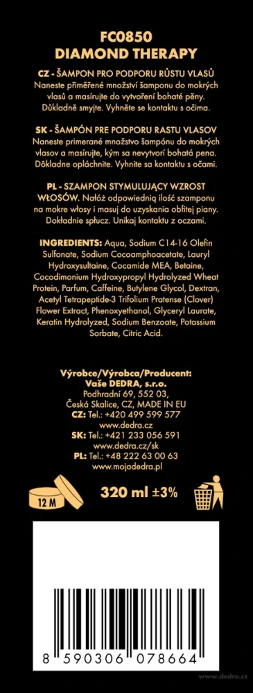 DEDRA Šampón na podporu růstu vlasů a zabránění jejich vypadávání, DIAMOND THERAPY, 320 ml