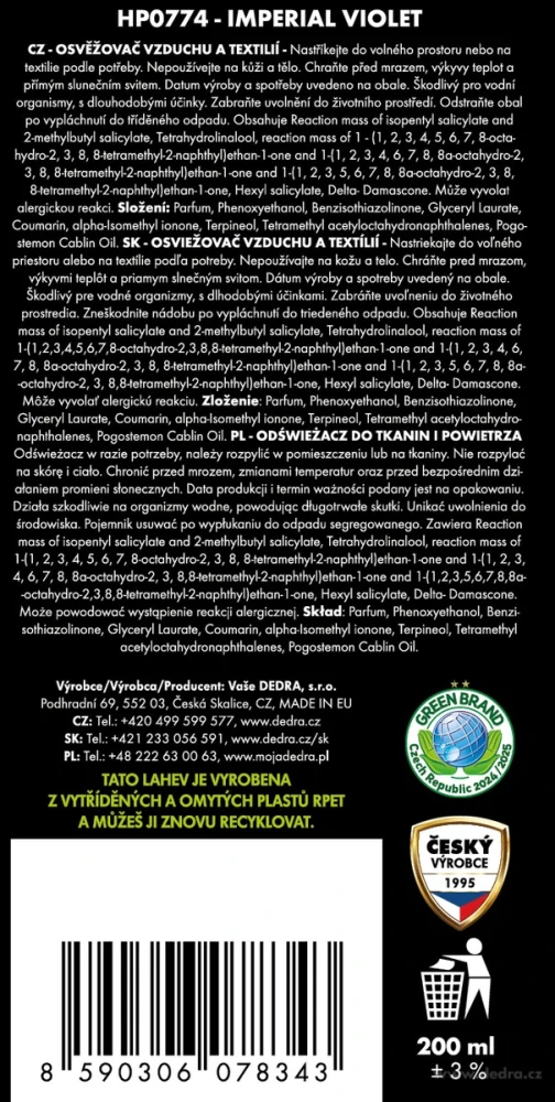DEDRA Osvěžovač vzduchu a textilií IMPERIAL VIOLET, 200 ml