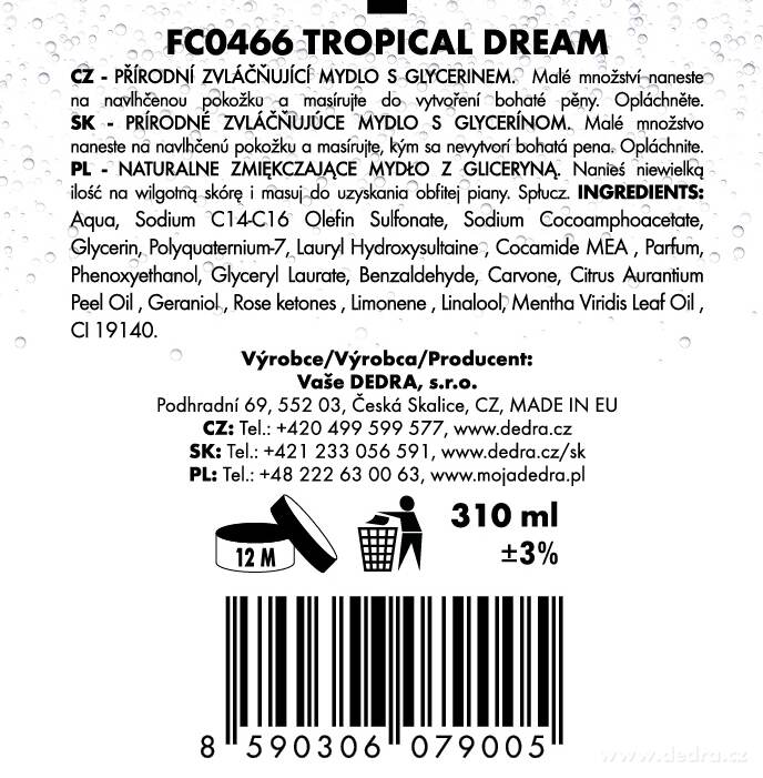 DEDRA Přírodní šetrné tekuté mýdlo s glycerinem TROPICAL DREAM 310 ml