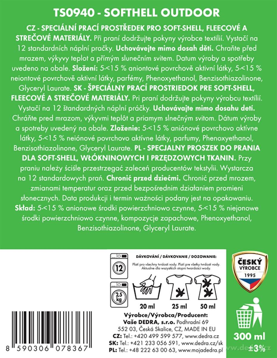 DEDRA SOFTSHELL Prací gel  300ml =12 praní