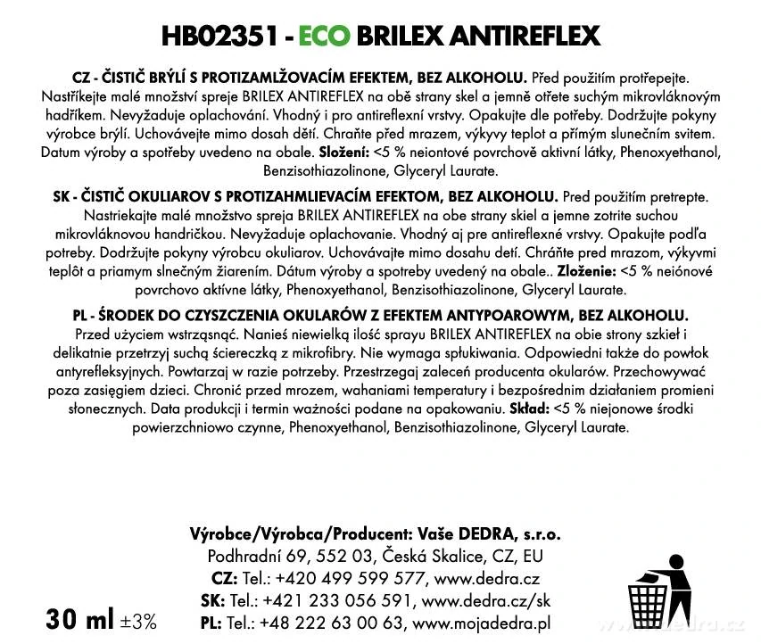 DEDRA ANTIREFLEX BRILEX®  2 ks spreje  na brýle s antireflexní úpravou & UV filtrem,100+30 ml