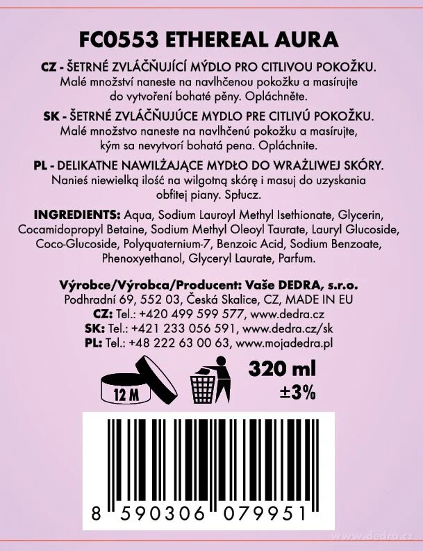 DEDRA SENSITIVE šetrné zvláčňující mýdlo pro citlivou pokožku ETHEREAL AURA 320 ml