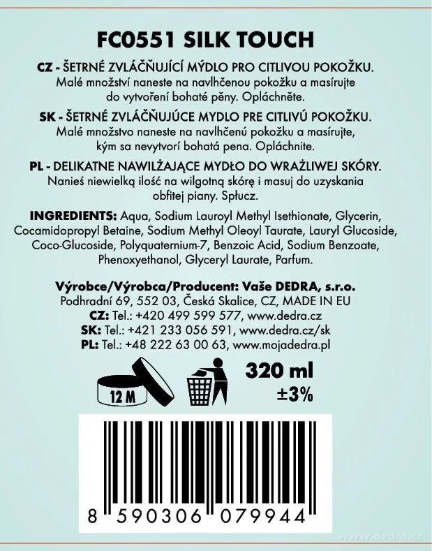 DEDRA SENSITIVE šetrné zvláčňující mýdlo pro citlivou pokožku SILK TOUCH 320 ml