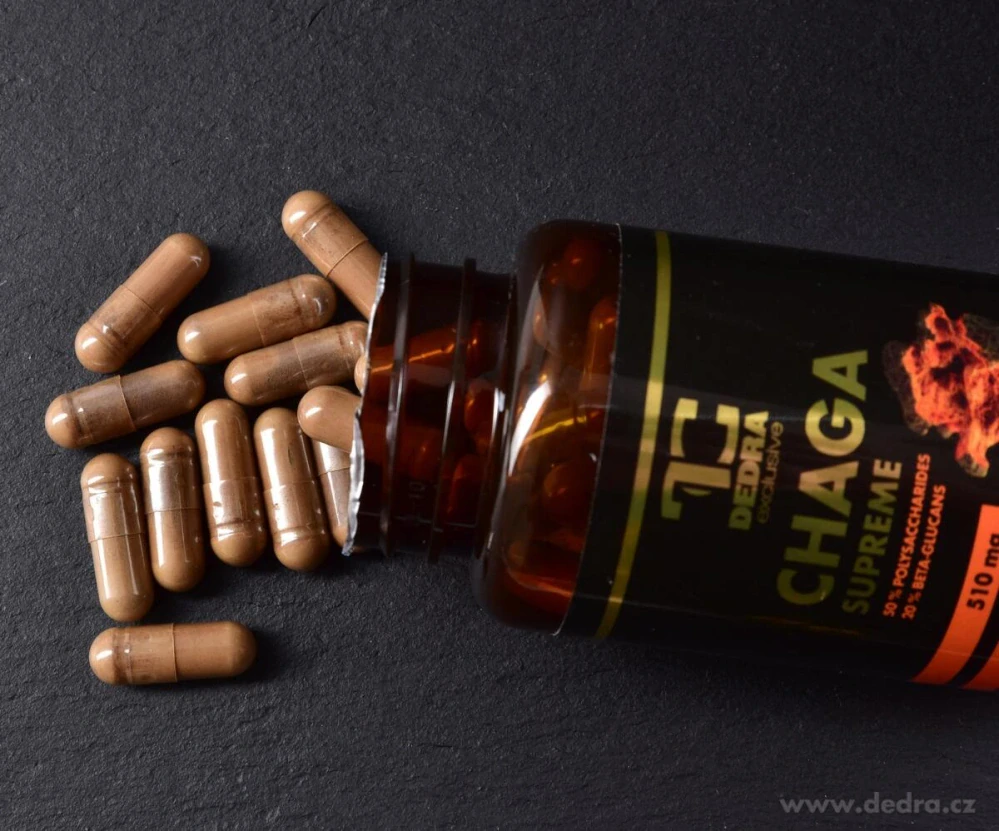 DEDRA CHAGA SUPREME 510 mg, 50 % polysacharidů + 20 % beta-glukanů, 90 kapslí
