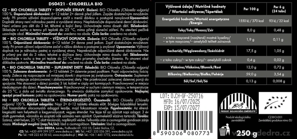 DEDRA BIO CHLORELLA  1000 tablet x 250 mg, 250 g