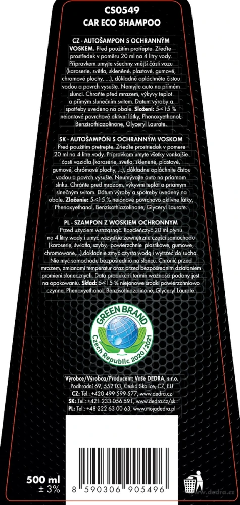 EKO autošampon s ochranným konzervačním voskem ECO CAR SHAMPOO 2in1 500 ml