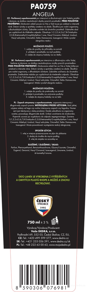 DEDRA parfém na praní PARFUMAGE ANGELIA, 750 ml