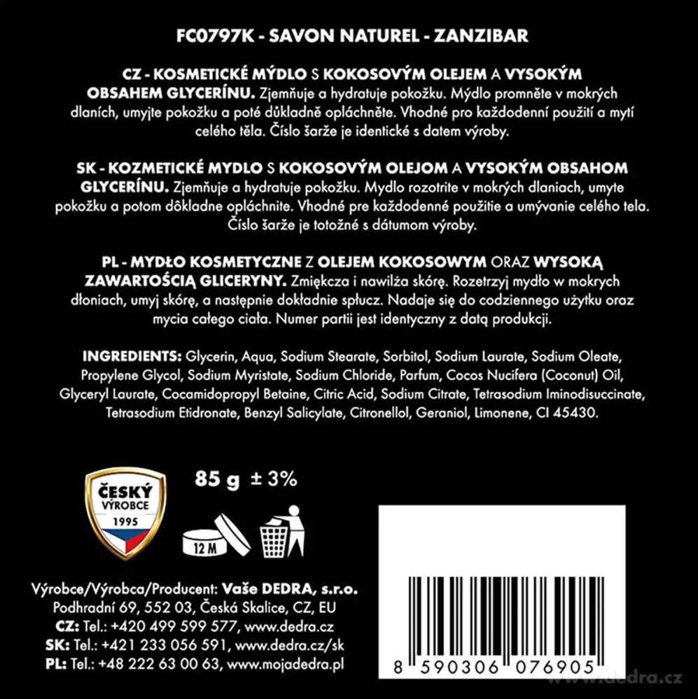 Dedra Kosmetické mýdlo s kokosovým olejem a vysokým obsahem glycerinu, ZANZIBAR, 85 g